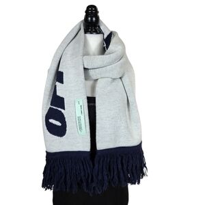 Off-White 'Wing Off' scarf grey knit wool blend fringed with a large navy logo